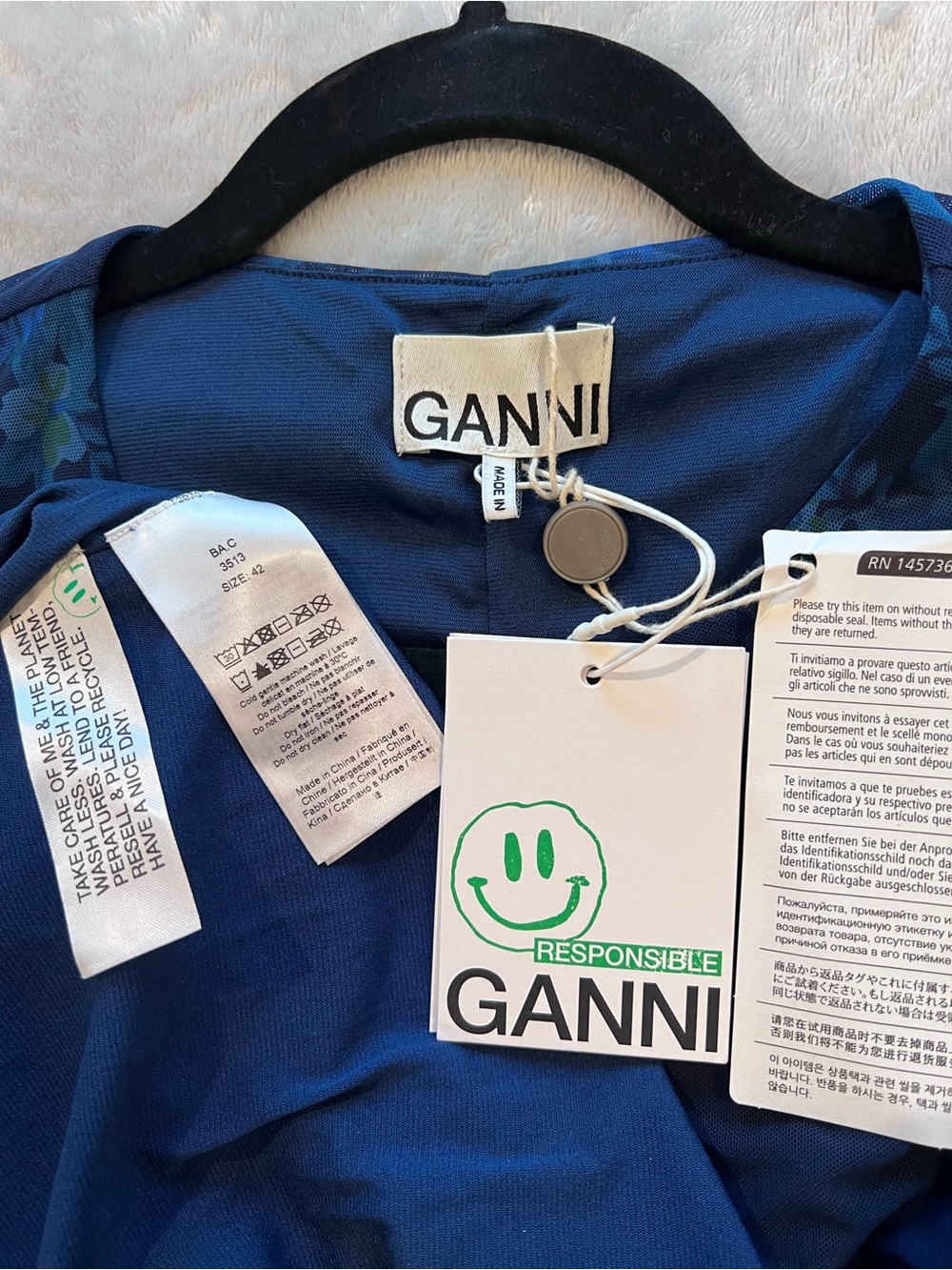 Ganni Blue Floral Dress with Tags